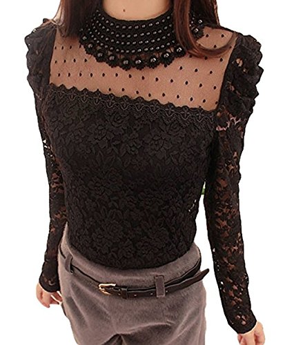 pomo-z women's long sleeve embroidery pearl sheer lace crochet blouse shirt top
