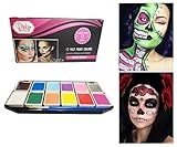 Face Paint Kit for Kids and Adults - 12 Colors XL Set with 1 Glitter and 1 UV Glow Color - 2 Brushes Included, Safe Water-Based Non-Toxic by Pinky Petals