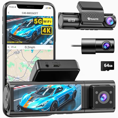 VISAUTO C40 Dashcam para Auto de 3 Canales, 4K +2.5K+1080P Camara para Carro con Visión Nocturna, WiFi 5Ghz, GPS, Tarjeta de 64 GB, 24H Monitor de Estacionamiento, Sensor G, Grabación en Bucle