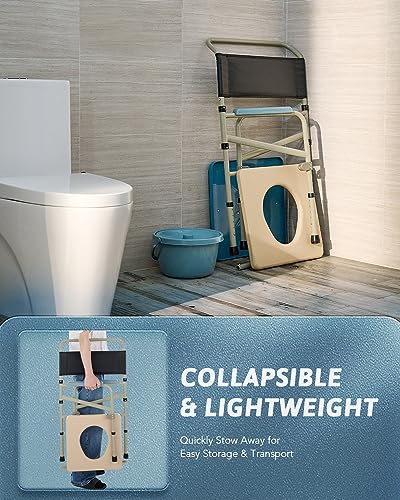 VONOYA Lightweight Bedside Commode w Removable Seat Pad, Portable Foldable Commode Chair with Built-in Toilet for Disabled People The Elderly & Others up to 150 kg, Adjustable Height Folding Stool
