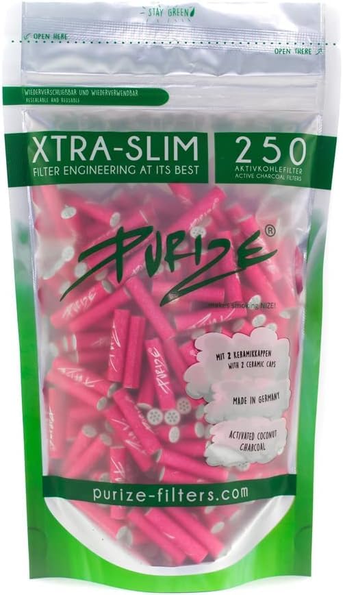 Xtra Slim Filter Tips Bags with Activated Charcoal by Purize (x250)-250pcs-Pink