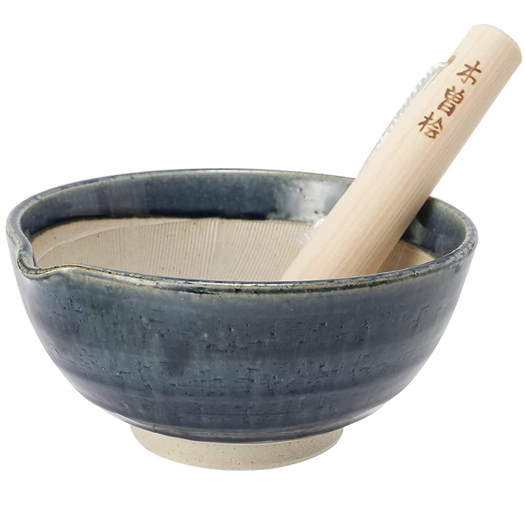 TIKUSAN Ceramic Ripple Ridge Mortar & Pestle (Suribachi & Surikogi) Set with Spout Made in Japan Mino Ware (Blue, Large)
