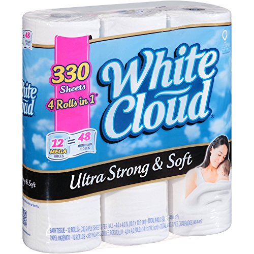 White Cloud Ultra Strong & Soft Bath Tissue Mega Rolls, 2 ply toilet paper, 330 sheets, 12 toilet paper rolls