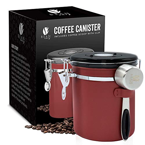 Bean Envy Airtight Coffee Canister - 16oz - Sealed Cantilever Lid with Co2 Gas Release Wicovalve & Numerical Day/Month Tracker - Stainless Steel Storage Vault for Whole/Ground Coffee Bean - Red