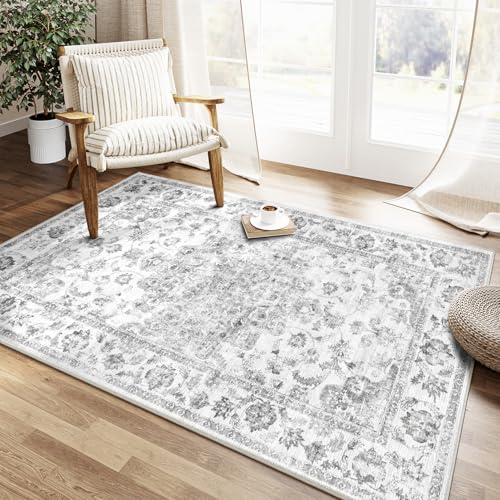 HUGEAR Vintage Grau Waschbarer Teppich Wohnzimmer 120x170cm Retro Rugs for Living Room Weich rutschfest Groß Tepich Kurzflor Schlafzimmer Carpet Livin
