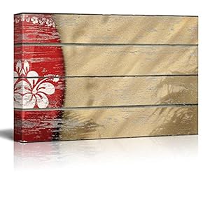 Vibrant Red Surfboard with Hawaiin Flowers on a...