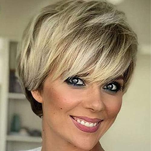 Queentas Brown Mixed Blonde Pixie Cut Short Wig with Bangs Dark Roots Heat Resistant Synthetic Hair Wigs for Women