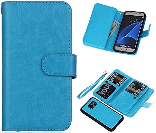 S7 Wallet Case, HYSJY Magnetic Detachable PU Leather Wallet Purse For Women Men with Strap , Credit card Slots, Card Holer,Flip Slim Cover Case Fit Samsung S7 (9 Card-Blue)
