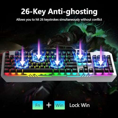 AULA Gaming Keyboard and Mouse, 104 Keys RGB Backlit Computer Keyboard with Numeric Keypad, All-Metal Panel Wired PC Keyboard for Laptop Win XP/7/8/10, T102