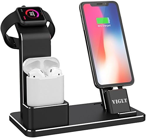 VIGLT Apple Watch Stand Aluminum Apple Watch Charger Dock 3 in 1 Metal AirPods iPhone Docking Station with 2Pcs Charging Cable for Apple Watch Series 3/2/1 AirPods iPhone X 8 8 Plus 7 7 Plus 6 (Black)