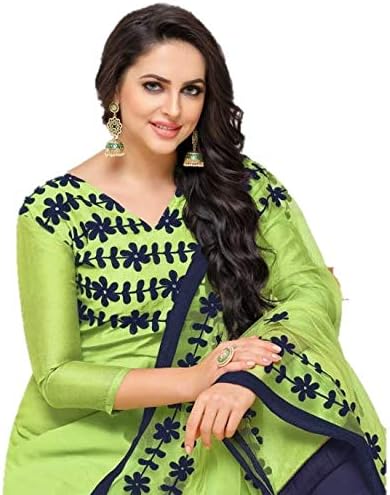 RIWAAYAT TRENDS Modal cotton silk party wear unstitched Punjabi chudidaar salwar suit with aari work on top and Net Dupatta with four side heavy border aari work- Free size, Parrot green and Navy blue