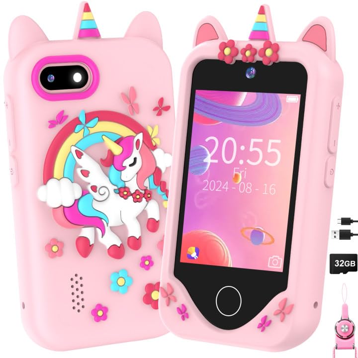 Kids Smart Phone for Girls Gifts - Toddler Christmas Birthday Gift for Age 3 4 5 6 Year Old, Kids Cell Phone Toy with Touchscreen, Dual Cameras, Learning, Kid Mp3 Player, Games with 32 GB Card