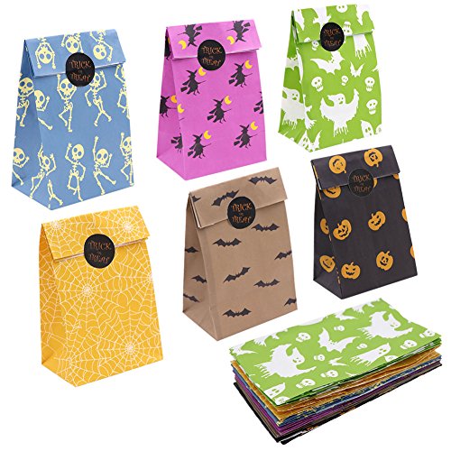 AerWo 48pcs Halloween Treat Bags Paper Gift Bags, Goody Bags with Halloween Stickers for Halloween Party Decorations Supplies