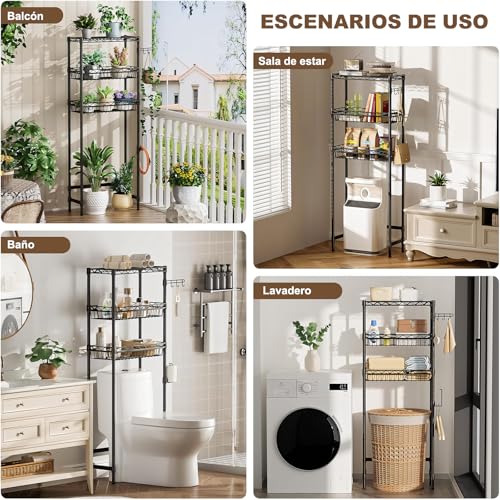 LOKOOY Estantería sobre el Inodoro, Organizador de Baño de 7 Niveles Ajustable, Mueble para Inodoro, Ahorro de Espacio con Ganchos (Negro Moderno)