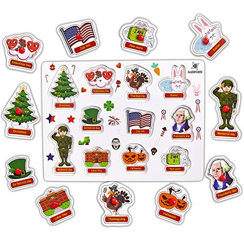 Gleeporte Wooden Peg Puzzle, Holiday Theme - Learning Educational Pegged Puzzle for Toddler & Kids (11 pcs)