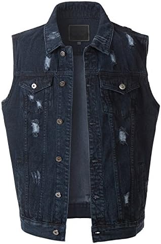 OLLIN1 Mens Vintage Ripped Button Down Denim Jean Vest with Pockets