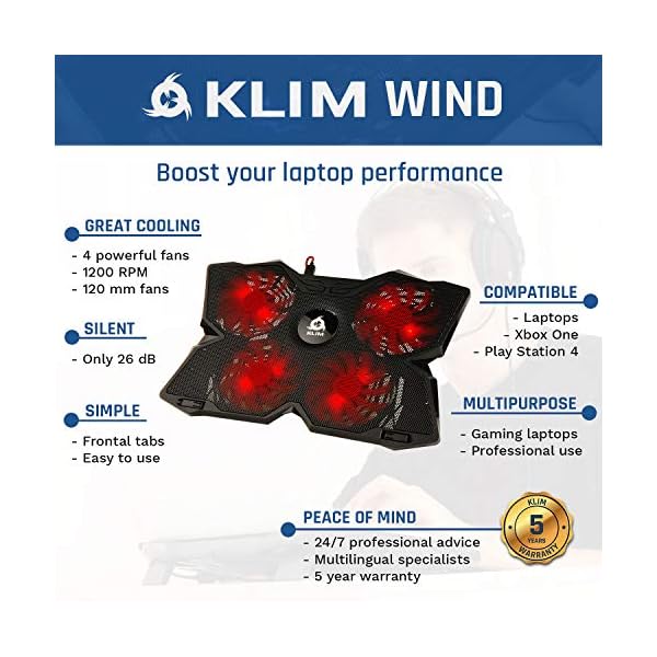 KLIM-Wind-Laptop-Cooling-Pad-The-Most-Powerful-Rapid-Action-Cooling-Fan-Laptop-Stand-with-4-Cooling-Fans-at-1200-RPM-USB-Fan-Compatible-New-2020-Version-Black KLIM Wind Laptop Cooling Pad - More than 500 000 units sold - NEW 2023 - The Most Powerful Rapid Action Cooling Fan…