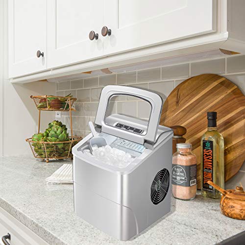 AGLUCKY Portable Ice Maker Machine Stainless Steel Covers,Countertop Automatic Ice Maker,26lbs/24hr,9pcs S/L Size Ice Cube Ready in 6-13 Mins,1.5lbs Ice Storage with Ice Scoop,Indicator Function,White