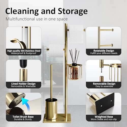 Toilet Paper Holder Set Gold Stainless Steel Freestanding Toilet Brush and Storage Basket Perfect for Organizing Bathroom with Elegance and Practicality