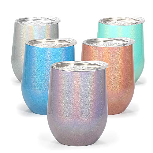 HOMFUL 12 oz Wine Tumbler, Double Wall Insulated Wine Glasses, Stainless Steel Stemless Travel Cup with Sealable Lids Perfect for Wine, Coffee, Drinks, Champagne, Cocktails