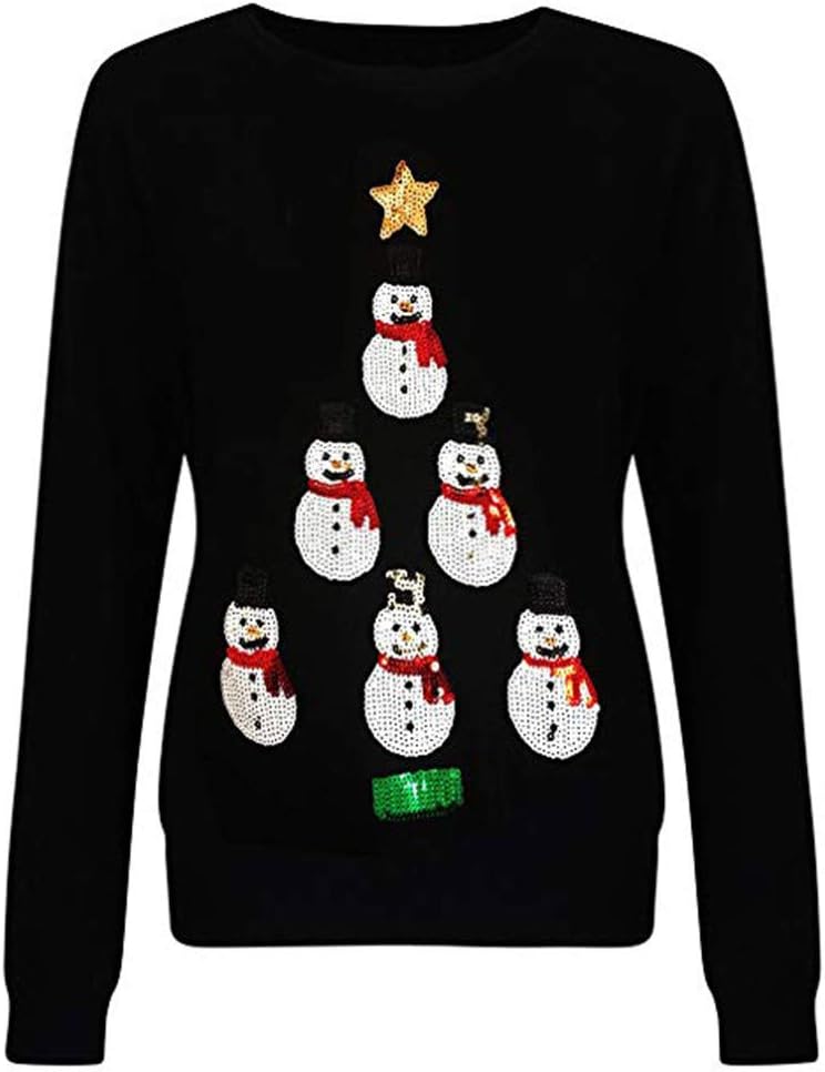 New Snowman Sequin Womens Pullover Rikay Christmas Jumper Tops Ladies Long Sleeve Sweatshirt Outwear Gifts for Women