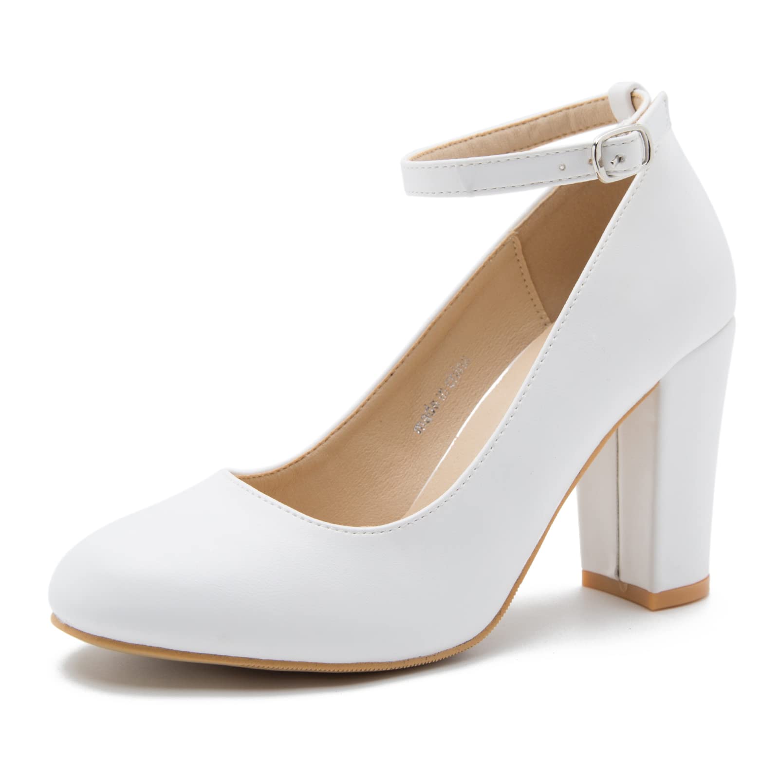 Photo 1 of (used)(see images) Women's Ankle Strap Pumps Closed Toe Block High Heel Round Toe Mary Jane Shoes Matte White 24.29cm Insole - US 7.5