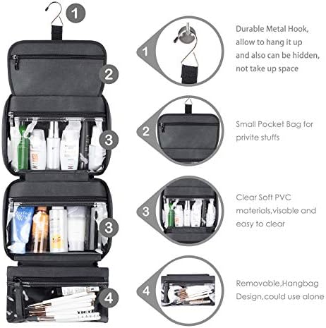 Travel Toiletry Bag with Hanging Hook, Waterproof Makeup Cosmetic Travel Bag Organizer for Toiletries and Accessories, Perfect Bathroom Bag for Women/Men 4 Travel Toiletry Bag with Hanging Hook, Waterproof Makeup Cosmetic Travel Bag Organizer for Toiletries and Accessories, Perfect Bathroom Bag for Women/Men