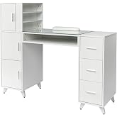 OmySalon Manicure Table Nail Desk for Nail Tech w/Glass Top &amp; Wrist Rest, Beauty Salon Nail Supplies Decor Workstation Acetone Resistant w/3 Side Cabinet+3 Drawers+3 Layers Open Cabinet+1 Open Drawer