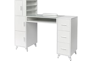 OmySalon Manicure Table Nail Desk for Nail Tech w/Glass Top & Wrist Rest, Beauty Salon Nail Supplies Decor Workstation Acetone Resistant w/3 Side Cabinet+3 Drawers+3 Layers Open Cabinet+1 Open Drawer