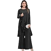 Djqpi 3 Piece Mother of The Bride Pant Suits for Wedding Chiffon Long Sleeve Dressy Formal Outfit Set with Jacket