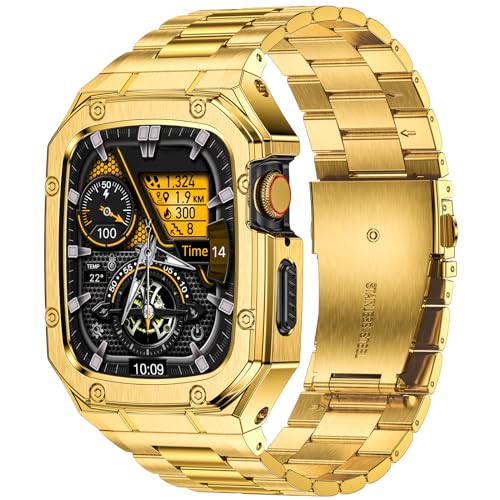 Photo 1 of BAITEYOU Stainless Steel Watch Band with Case Compatible with Apple Watch Series 9 8 7 (45mm), Rugged Strap with Metal Protective Bumper Cover for iWatch Bands Men (Gold)