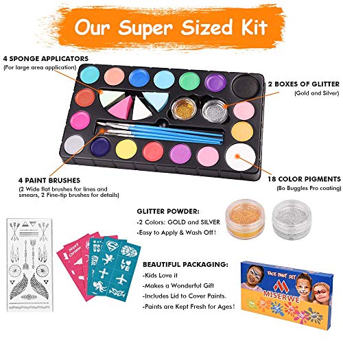Miserwe Safe Non-Toxic Face Painting Kit-18 Colors,40 Stencils,1 Silver Sticker,2 Glitter Powder,4 Brushes, 4 Sponge Kit Professional Washable Body & Face Painting Kits for Kids Adult