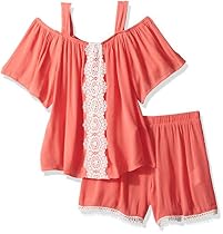 My Michelle Big Girls' Two Piece Set with Cold Shoulder and Crochet Trim, Coral, M