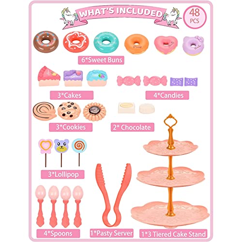 AM ANNA 48 PCS Toy Unicorn Tea Set for Little Girls, Princess Tea Party Play Toy Kid Tea Set Including Teapot,Cups, Plates, Dessert, Drinks & Carrying Case, Kitchen Pretend Play Toys(Unicorn Tea Set)