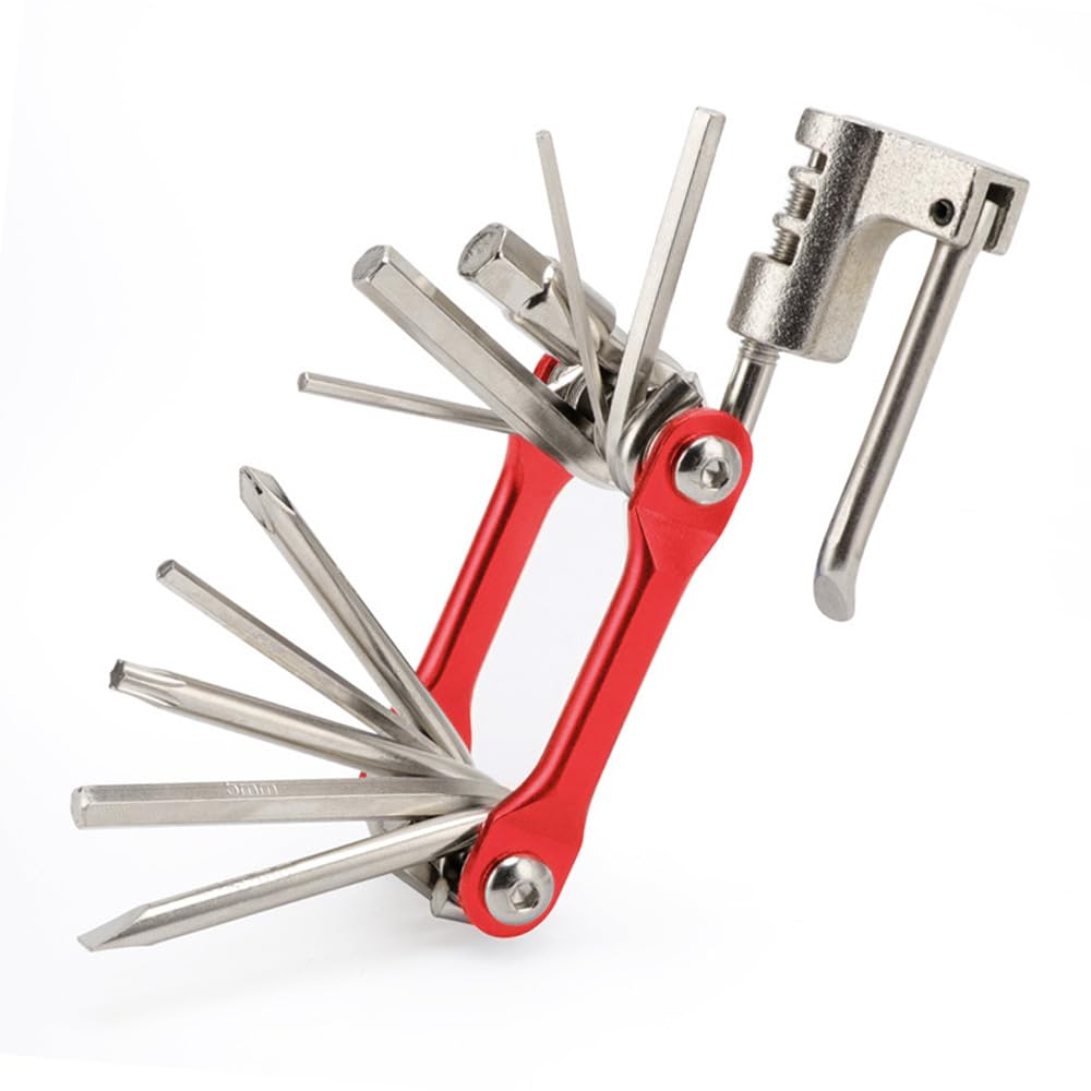 QitinDasen Professional 11 in 1 Multifunctional Bike Repair Tool, Portable Foldable Bicycle Repair Tool, Mini Stainless-Steel Bike Repair & Maintenance Tool Kit (Red)