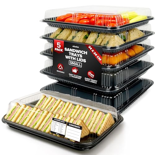 5 Pack Sandwich Platter Trays with Lids – Reusable Catering Food Trays for Parties, Buffets, Sushi, Sandwiches, Cake & Meal Prep (34 x 24 x 7.5 cm)