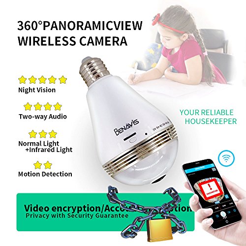 Light Bulb Camera, Benavis 360 degree VR Panoramic White LED Lighting, HD Wireless IP Fisheye Security Cameras, Spy Lamp Hidden Wifi 2.4G with Night Vision CCTV Surveillance Video Cam System