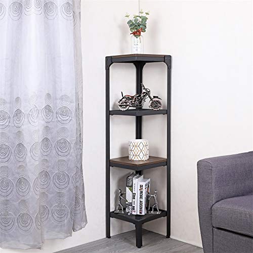 FIVEGIVEN Retro Corner Shelf 4 Tier Narrow Standing Bookcase Industrial for Home Office Espresso - Thumbnail 2