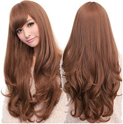 Bob shop Women's Long Hair Wig Long Wavy Cosplay Hair With Oblique Bangs（brown）