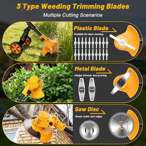 Electric Weed Wacker Cordless with Wheels,Electric Weed Eater Battery Powered 4000mAh,4 in 1 Grass Trimmer/Brush Cutter/Grass Edger/Lawn Mower,No String Trimmer with Blade,2 Battery