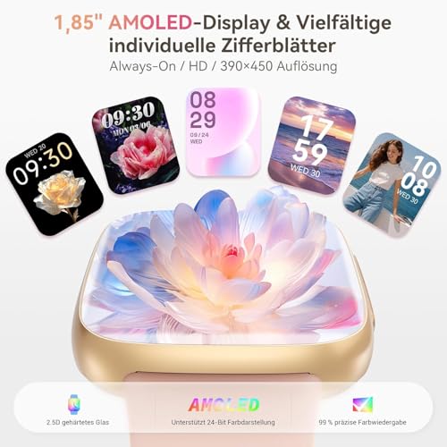 Smartwatch Women Men, 1.85 Inch AMOLED Touch Screen, Fitness Tracker with Bluetooth Calls & AI, Heart Rate, SpO2, Sleep & Women's Cycle Tracking, 100+ Sports Modes, 3ATM Waterproof for iOS & Android