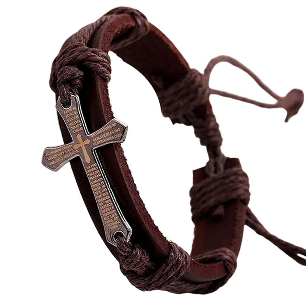 Branets Mens Leather Bracelet Bible Text Cross Bracelet Adjustable Wristband Brithday Gift for Men and Boys(Brown)