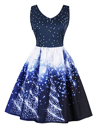 Kimring Women's Vintage V Neck Sleeveless Ugly Christmas Tree Snowflake Pattern Flared Swing Cocktail Party Holiday Dress Navy Blue XXX-Large