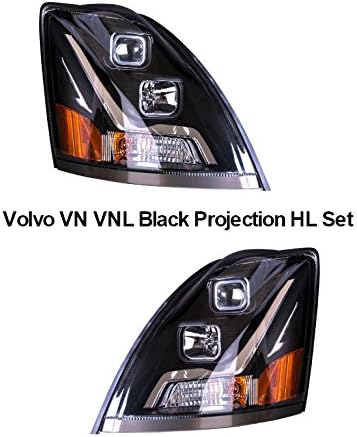 Volvo Truck Black Projection Headlight Set with Chrome Bolt Design | 2004-Newer Volvo VN VNL Trucks | Driver and Passenger Side | Areion