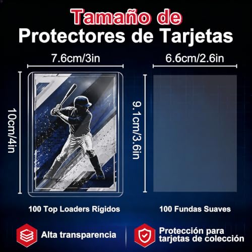 200PCS Clear Card sleeves, Top Loader, 2.5 x 3.5 pulgada Fundas para Cartas para Tarjetas de Fútbol, Béisbol, Juegos y Coleccionable (100pcs Dura Toploader + 100pcs Suave Sleeves)