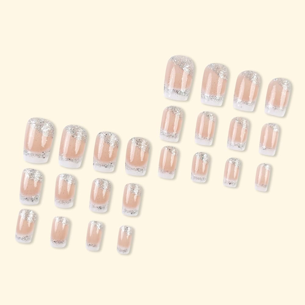 Square Press On Medium French Tips Silver Glitter Acrylic Nails - White Ombre Glue On Shiny Stick On Nude False Nails for Women Girls - 24 Pcs - Image 4