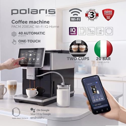 Polaris PACM 2081AC Smart Hot & Cold Coffee Machine, 40 One-Touch Programs, Built-In Grinder, Wi-Fi App Control, Profi-Cream Frothing, 6 User Profiles, Coffee To Go Thermos Included