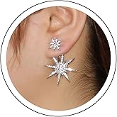 Andelaisi Sun Stars Drop Earrings Rhinestone Ear Jackets Earrings Silver Starburst Double Sided Stud Earrings Star Front Back Earring Sparkling Ear Studs Earrings Jewelry for Women
