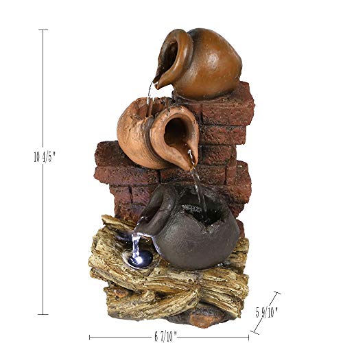 PeterIvan Indoor Waterfall Fountain - 10 4/5” H 3 Jars Tabletop Fountain, Woodland Tree Trunk Relaxation Waterfall Fountain with LED Light and Free Submersible Pump