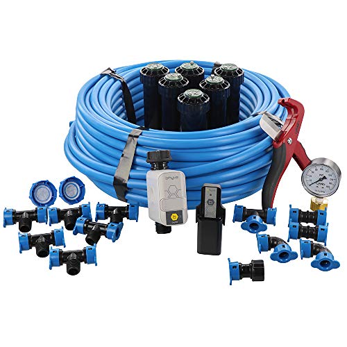 Orbit 50022 In-Ground Blu-Lock Tubing System and B-Hyve Smart Hose Faucet Timer with Wi-Fi Hub Sprinkler Kit, Blue, Black